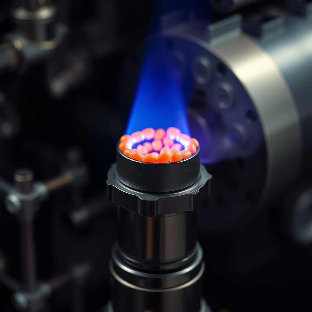 A professional photo of a Buderus Logano SP211’s burner head during operation