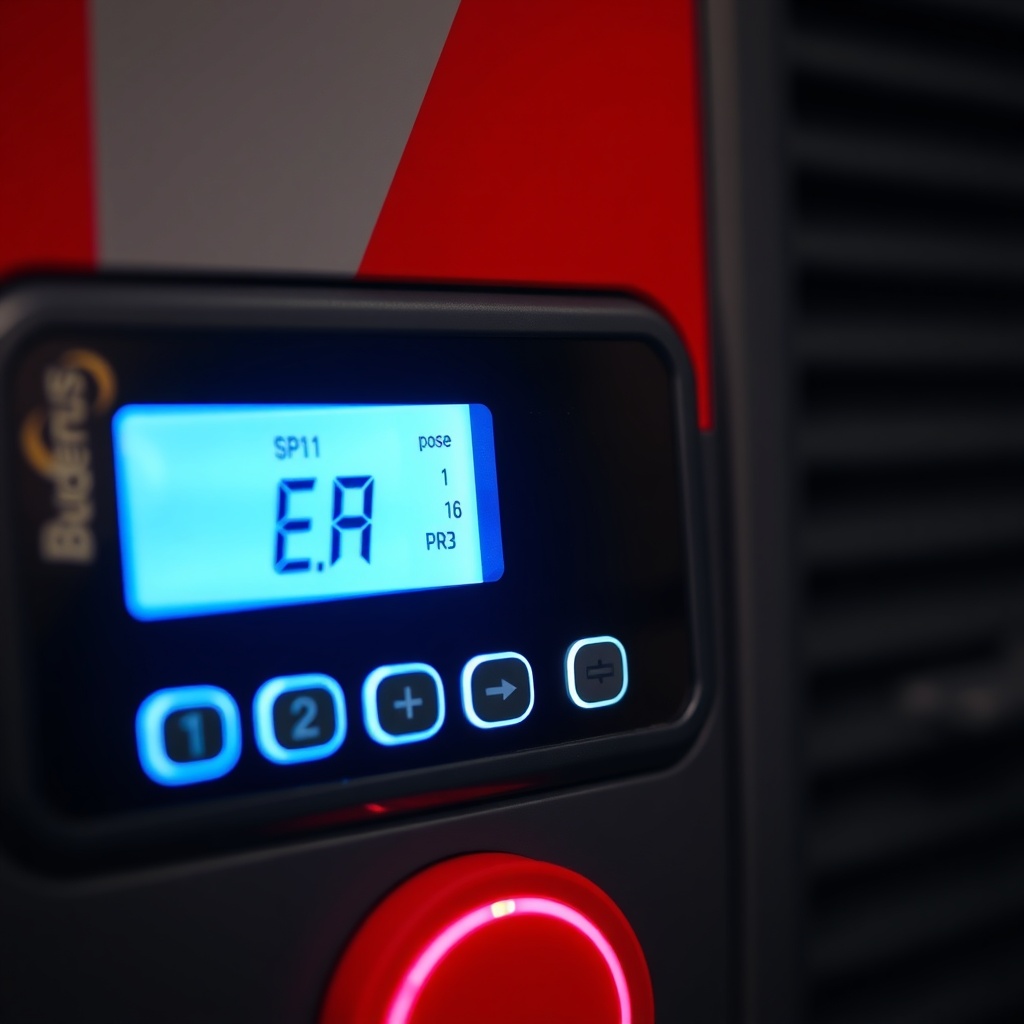 Close-up of an illuminated Buderus Logano SP211 control panel showing the error code EA on