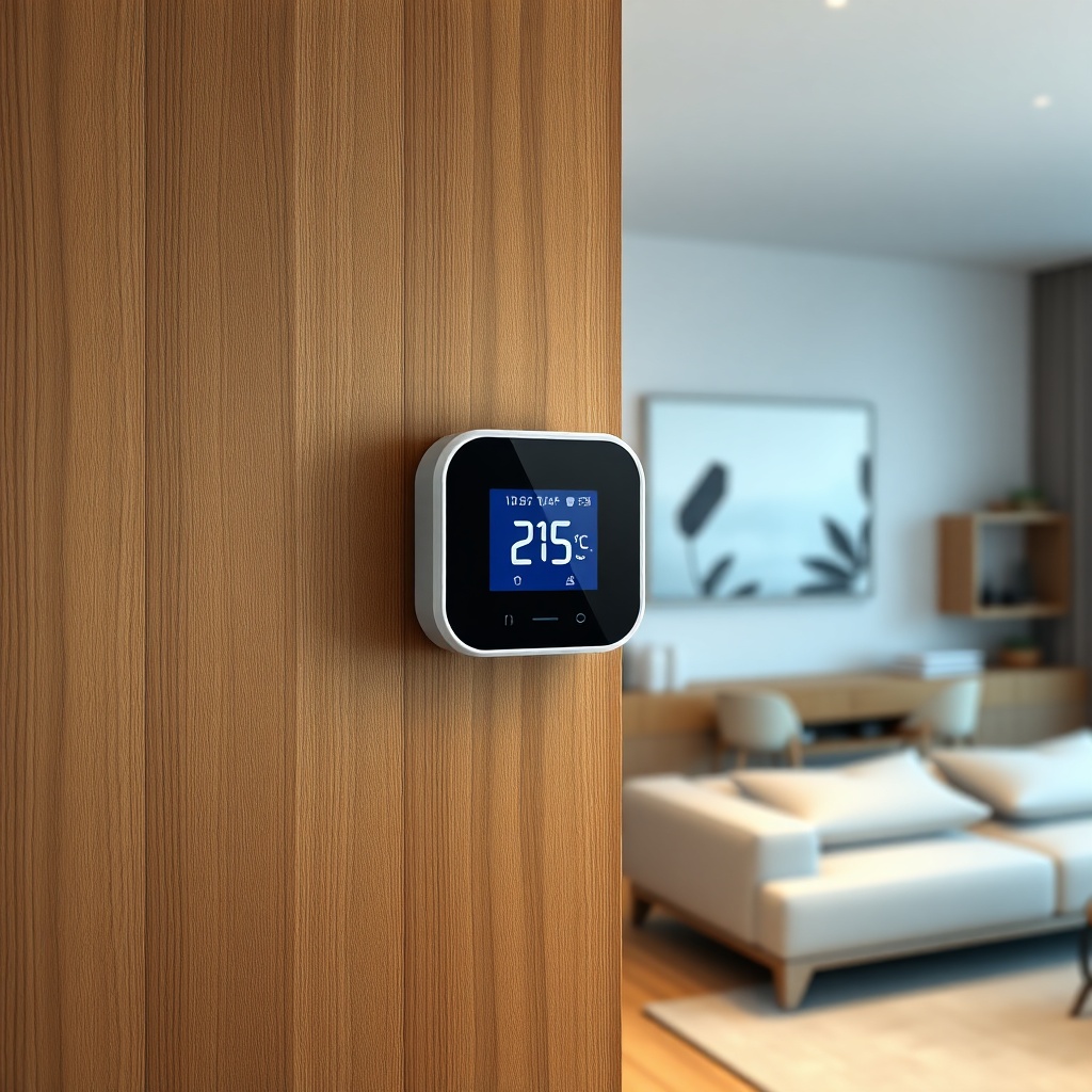 A realistic photo of a Logotherm wireless room thermostat on a wooden wall in a modern liv