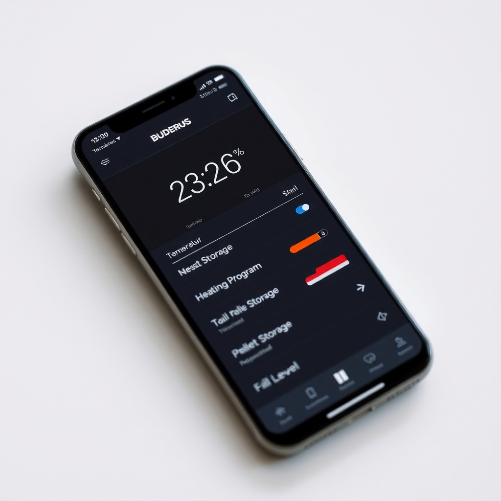 A realistic photo of a smartphone display showing the Buderus Logon app interface with cur