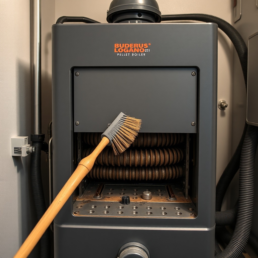 A photorealistic close-up of a Buderus Logano SP211 pellet boiler with the front cover rem