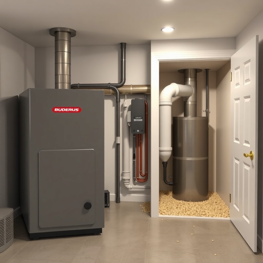 A photorealistic photograph of a basement utility room with a Buderus Logano SP211 pellet