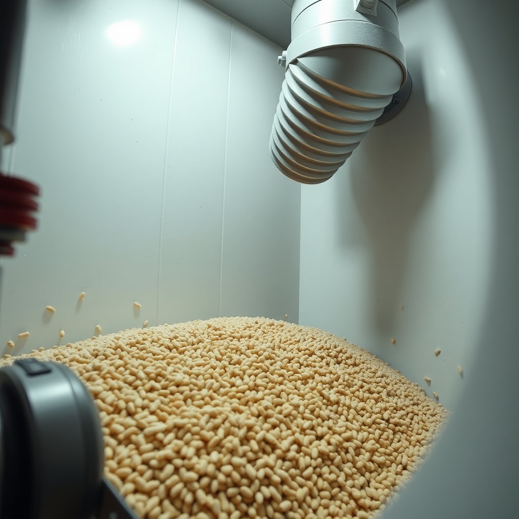 A photorealistic close-up photo of the Buderus Logano SP211’s auger feeding mechanism insi