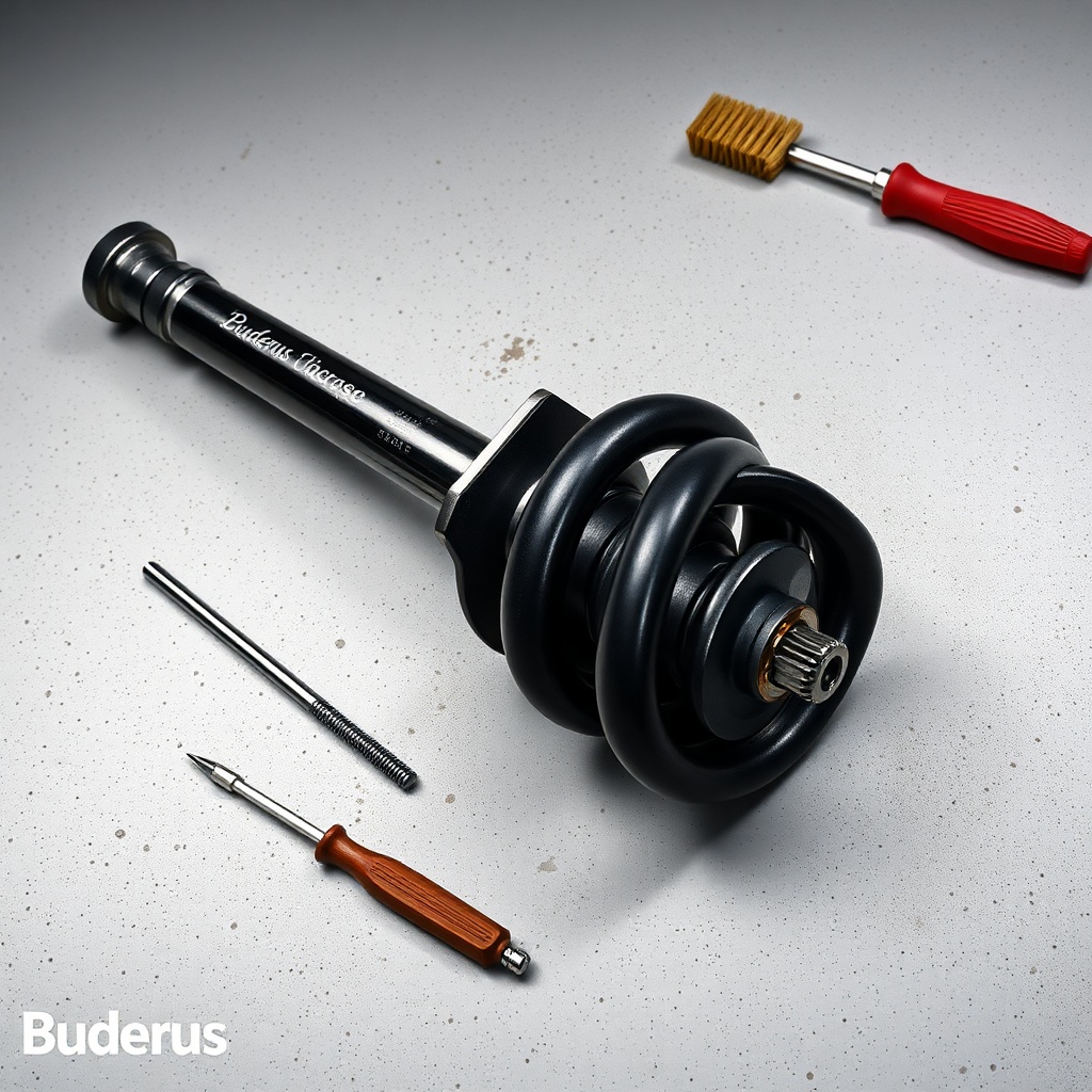 A photorealistic image from above showing a disassembled Buderus Logano SP211 auger screw