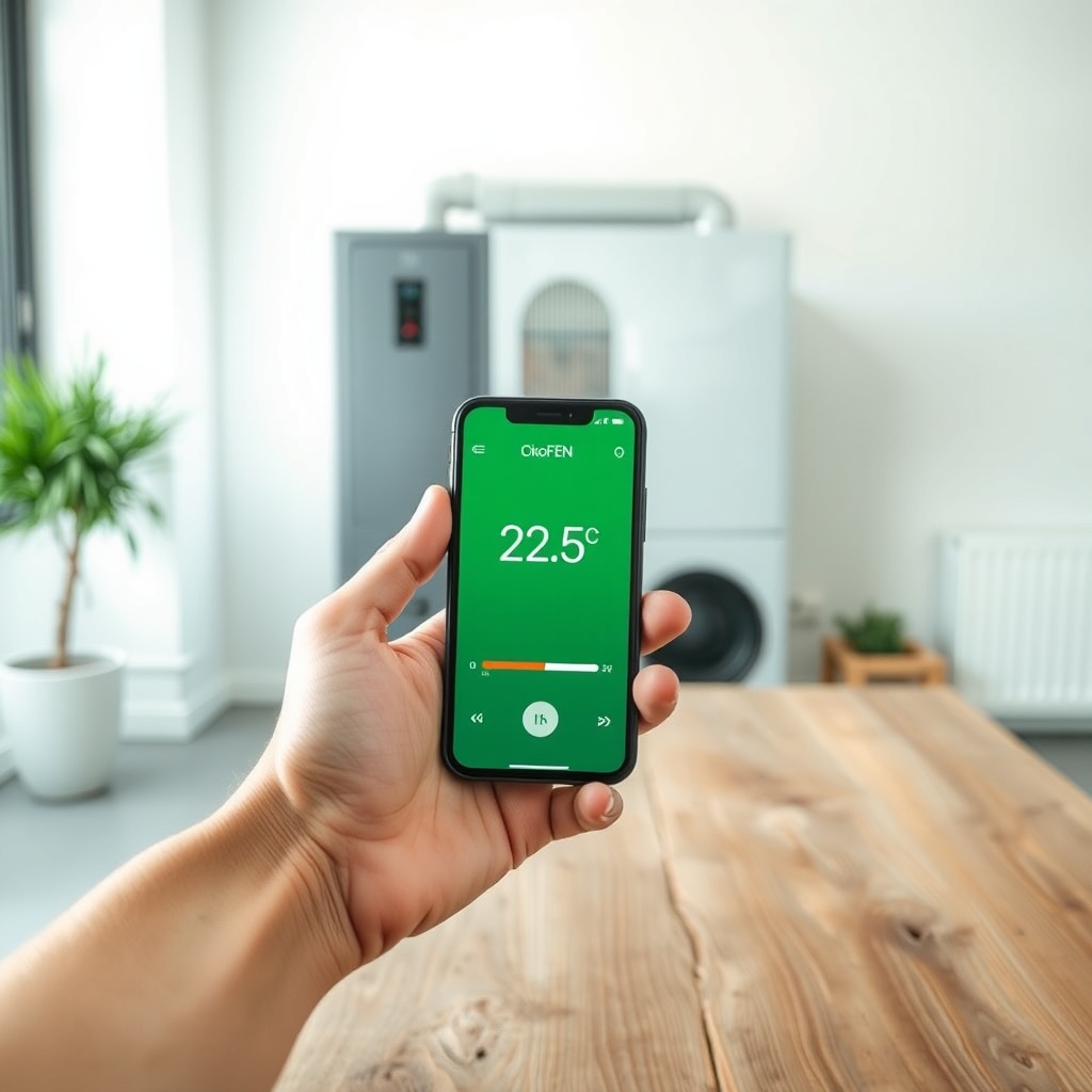 A clean photorealistic photo of a smartphone held in hand showing the ÖkoFEN app interface