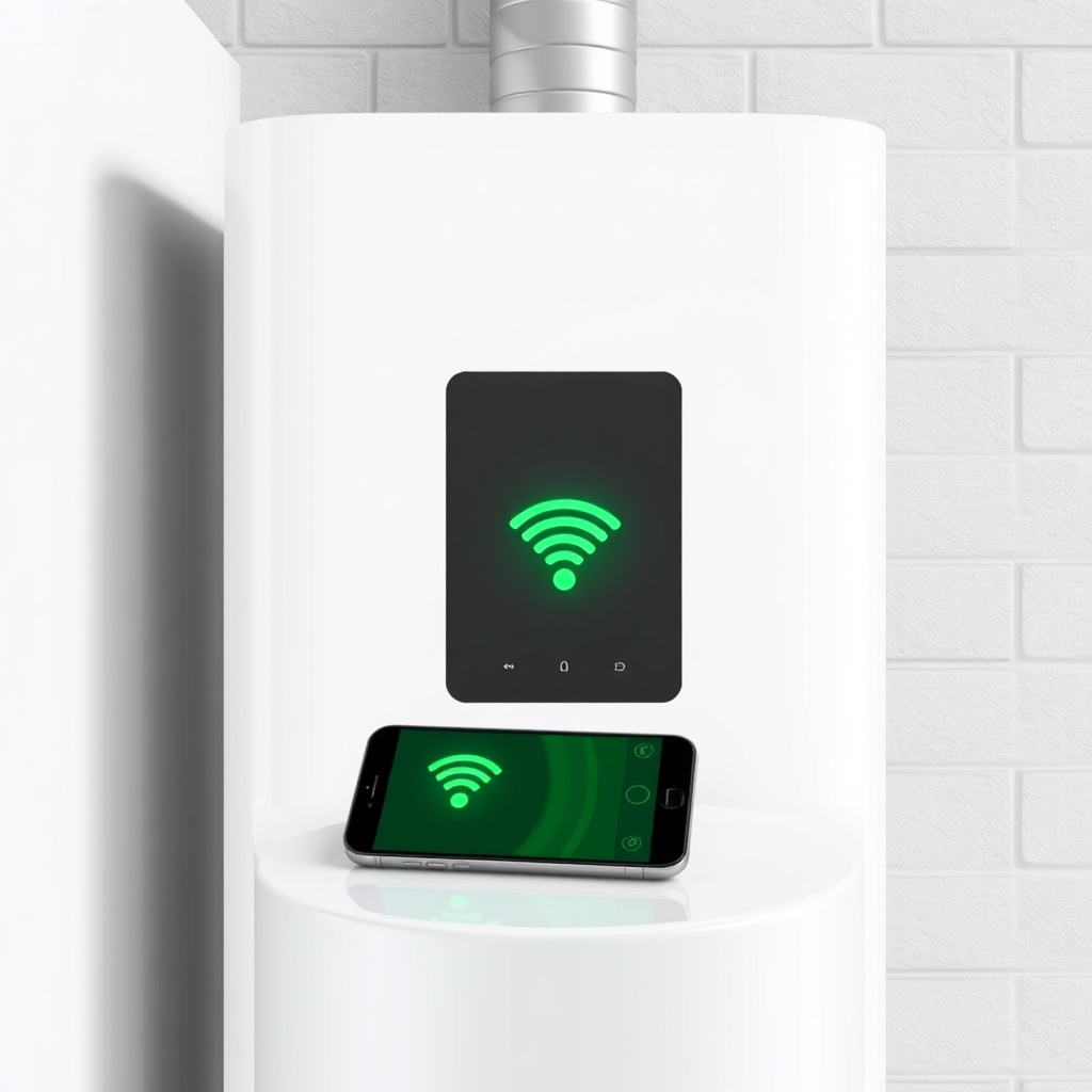 A photorealistic illustration of a white modern pellet boiler in a basement with a green L