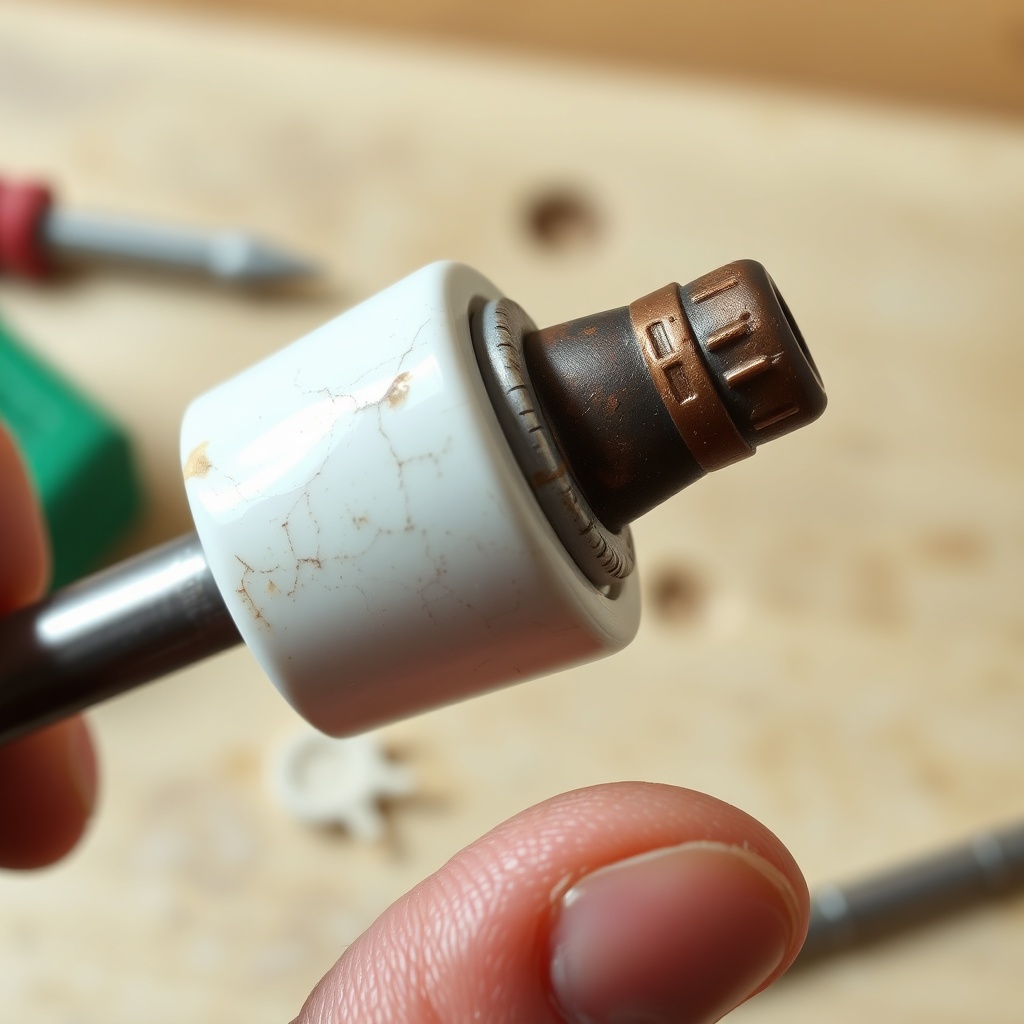 A photorealistic macro photo of a pellet boiler glow plug (ceramic heating element) held b