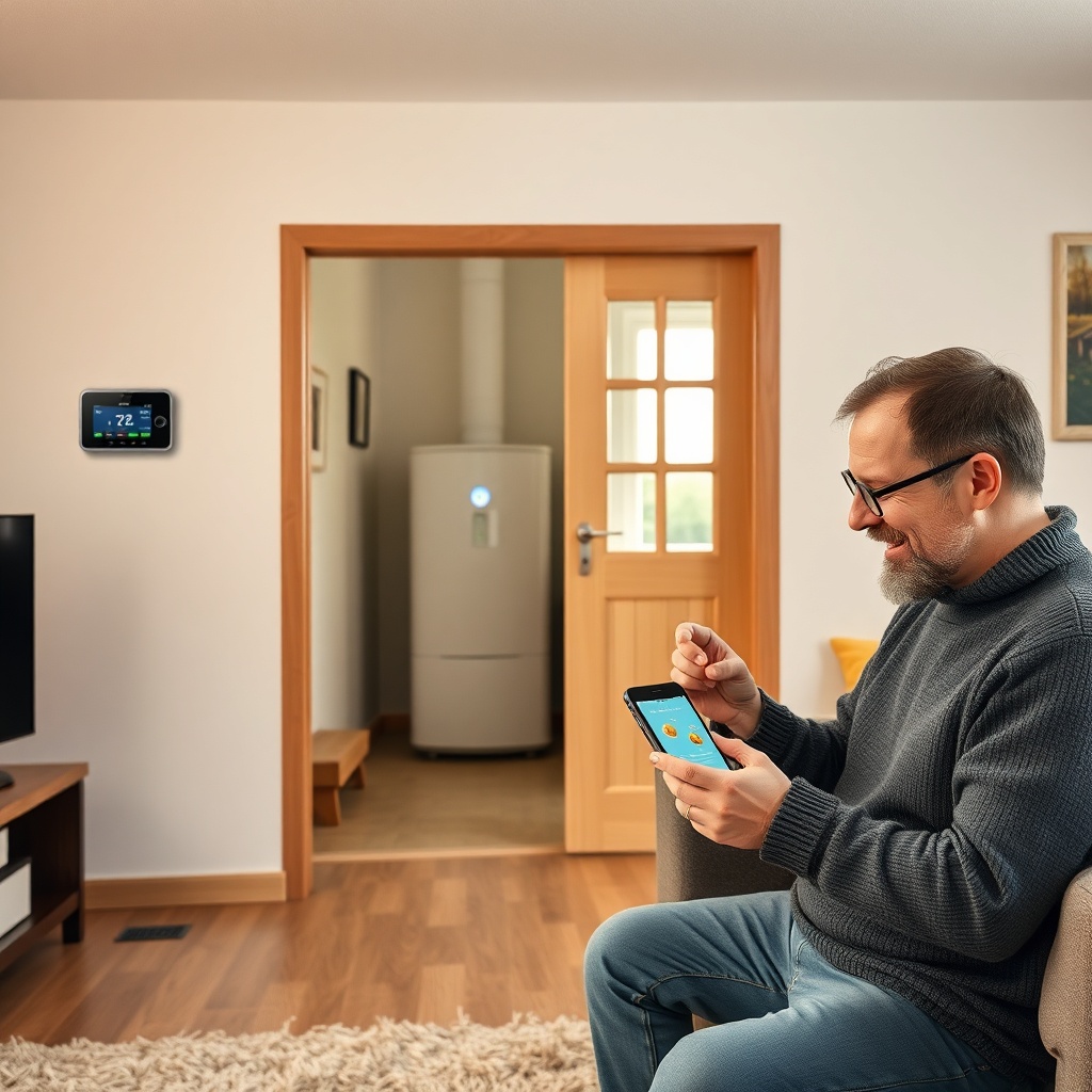 A cozy German living room with a wood-pellet boiler visible through a glass door in the ha