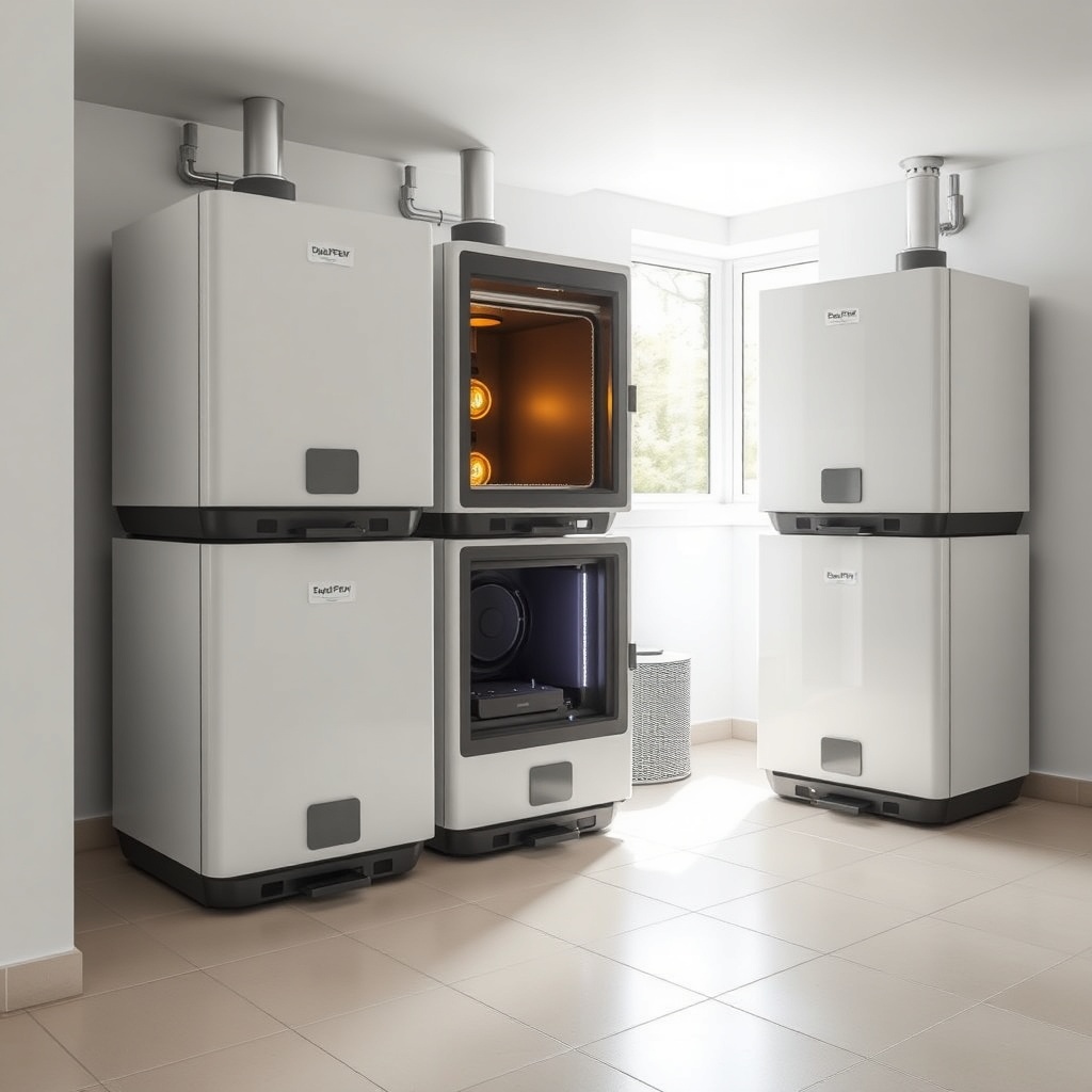Three stacked ÖkoFEN Pellematic Plus pellet boilers in a bright modern basement