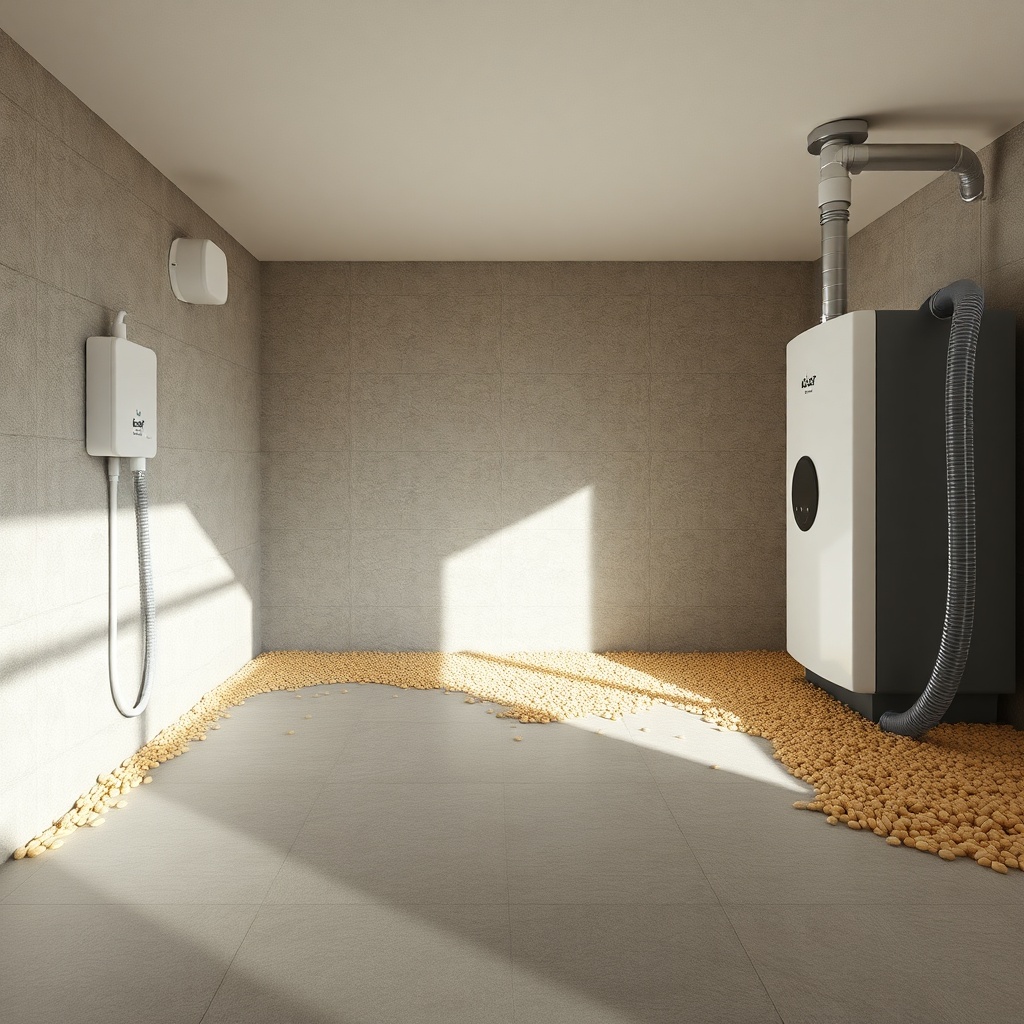A clean photorealistic photo of a pellet storage room with a slanted floor and a white Öko