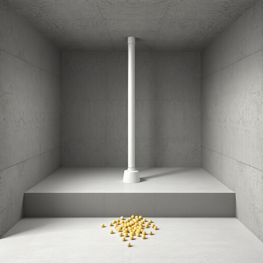 A photorealistic illustration of a cutaway view of a pellet storage room showing a sloped