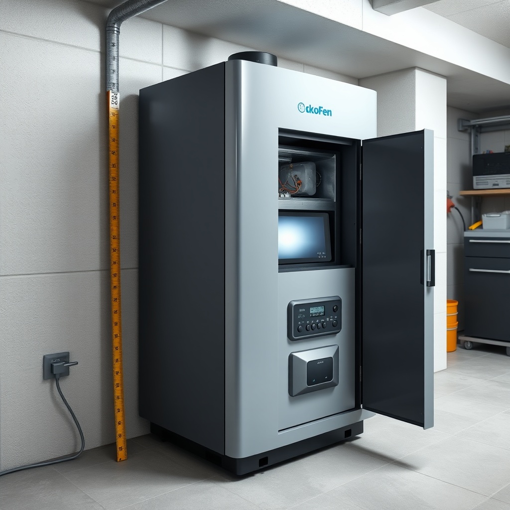 A photorealistic photo of an ÖkoFEN Pellematic Plus pellet heating boiler installed in a m