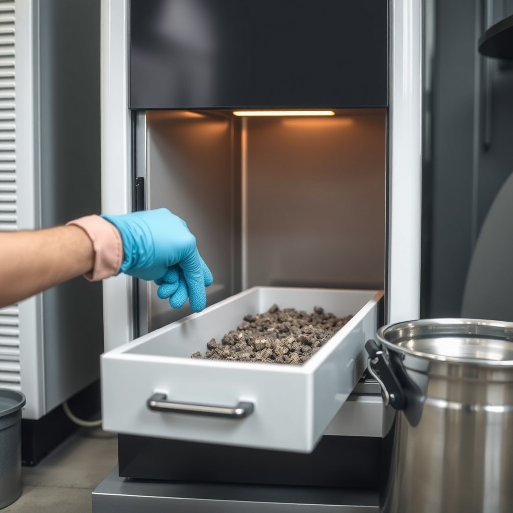 Close-up of a gloved hand removing a full ash drawer from the bottom of a sleek modern pel