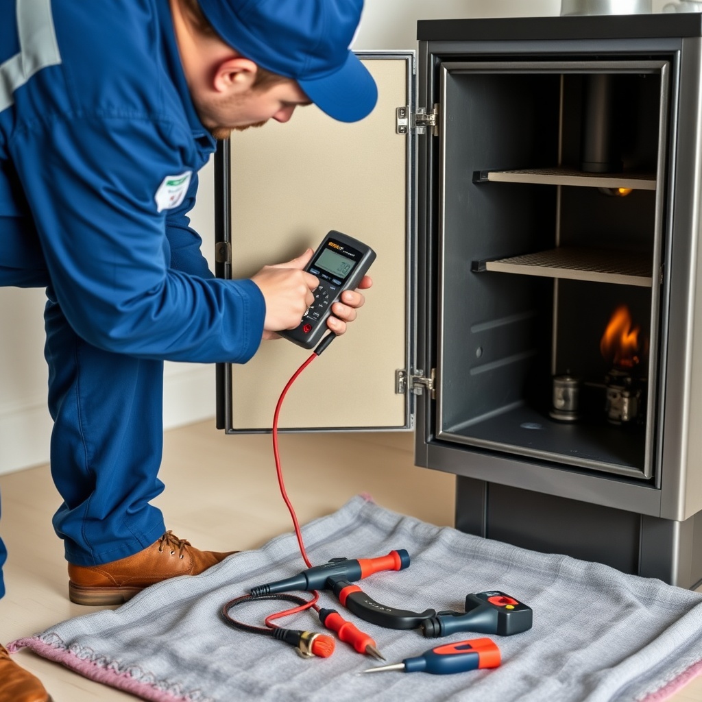 A certified technician in blue workwear using a digital multimeter to check the flame sens
