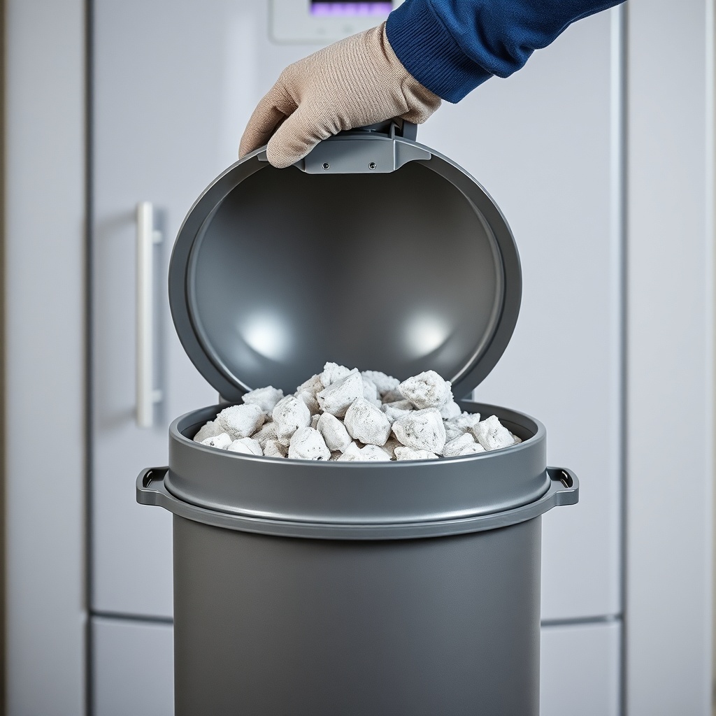 A photorealistic image of a half-open ÖkoFEN Pellematic Plus ash container with cooled ash