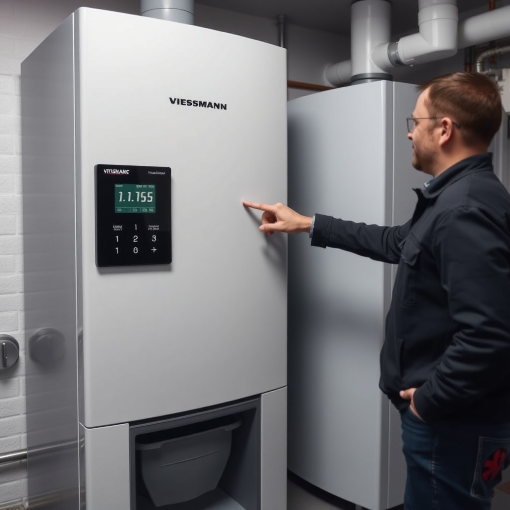 User standing next to a Viessmann Vitoligno 300-C boiler in a boiler room