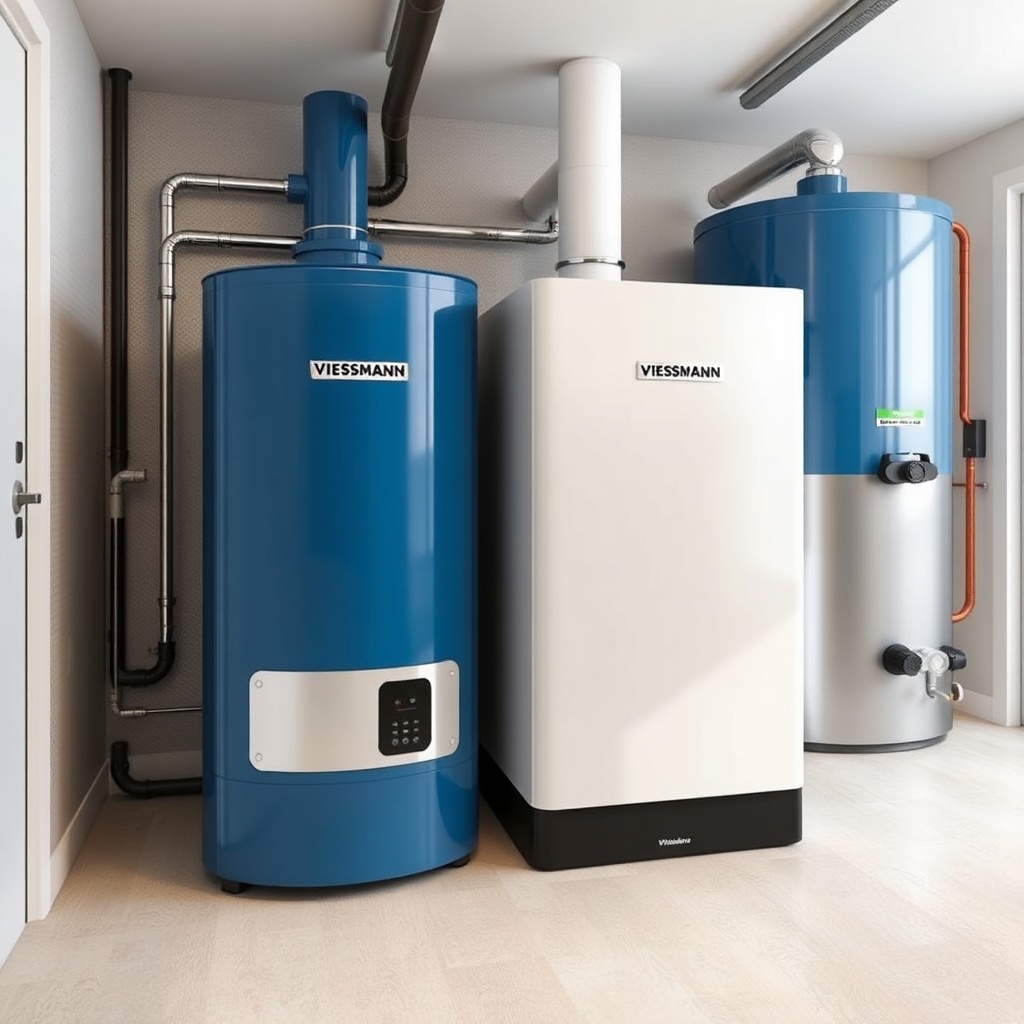 A high-end photo of a Viessmann Vitoligno 300-C pellet boiler installed in a modern utilit