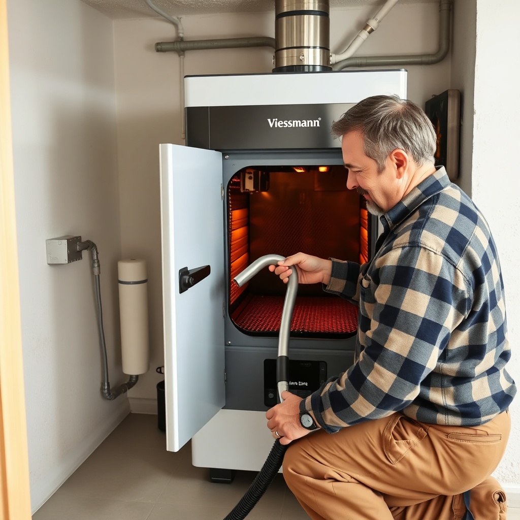 A realistic photo of a friendly middle-aged German homeowner cleaning the burn chamber of