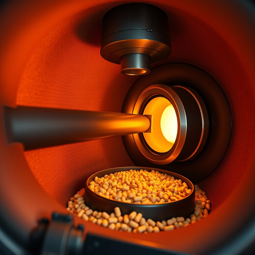 A close-up realistic photo of the pellet feeding system inside the Viessmann Vitoligno 300