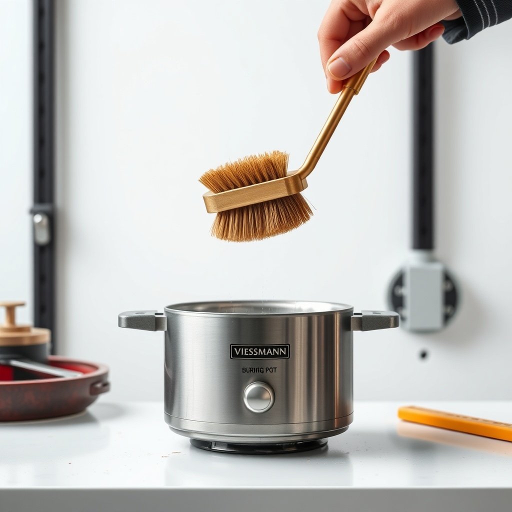 A photorealistic image of a Viessmann Vitoligno 300-C burner pot being manually cleaned wi