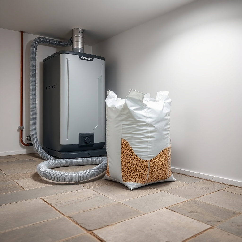 A photorealistic photo showing a modern pellet storage container (Big Bag) connected via a