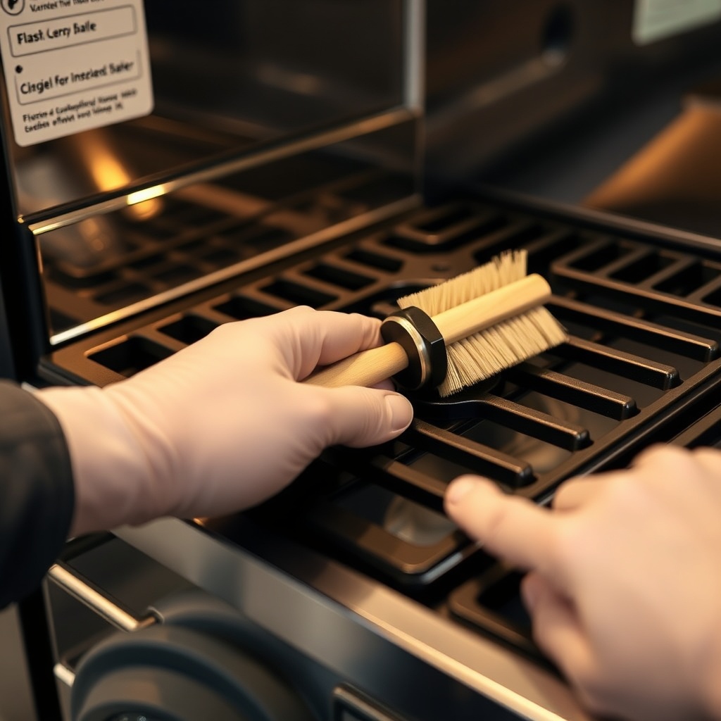 A close-up macro shot of a technician's hand carefully cleaning the burner tray of a Vitol