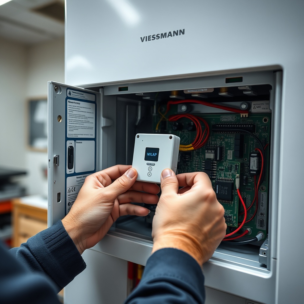 A photorealistic close-up of a technician's hands installing a small white WLAN module int